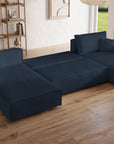 Canapé panoramique convertible avec coffre en velours cotelé bleu foncé - JADE
