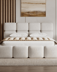 Lit coffre en velours chiné beige 140x190 cm BUBBLE