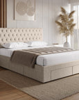 Lit double avec 4 tiroirs en lin beige 180x200 cm LEANDRE
