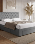 Lit double avec 4 tiroirs en lin gris 140x190 cm LEANDRE