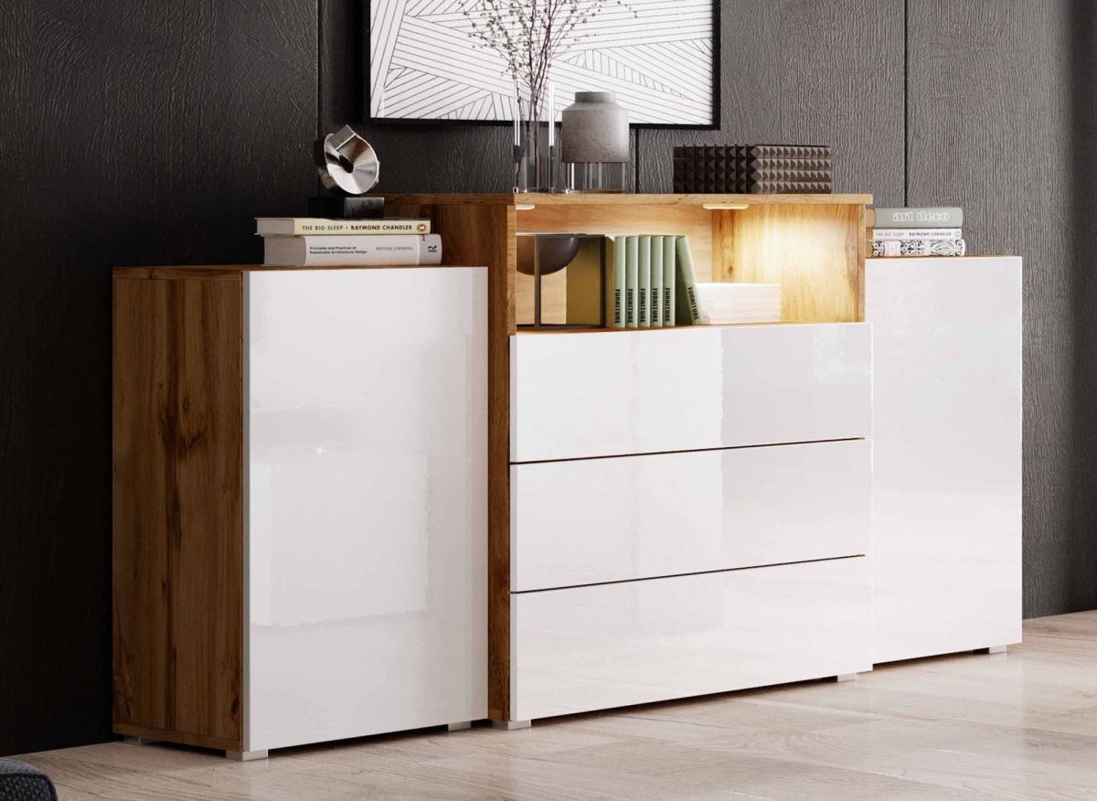Buffet commodes 2 portes 3 tiroirs chêne et blanc avec LED - MARCEL