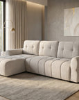 Canapé d'angle convertible avec coffre en velours chiné beige MAHLONE - Angle gauche