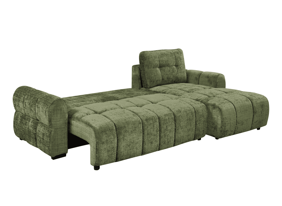 Canapé d'angle convertible avec coffre en velours chiné vert olive MAHLONE - Angle droit