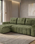 Canapé d'angle convertible avec coffre en velours chiné vert olive MAHLONE - Angle gauche
