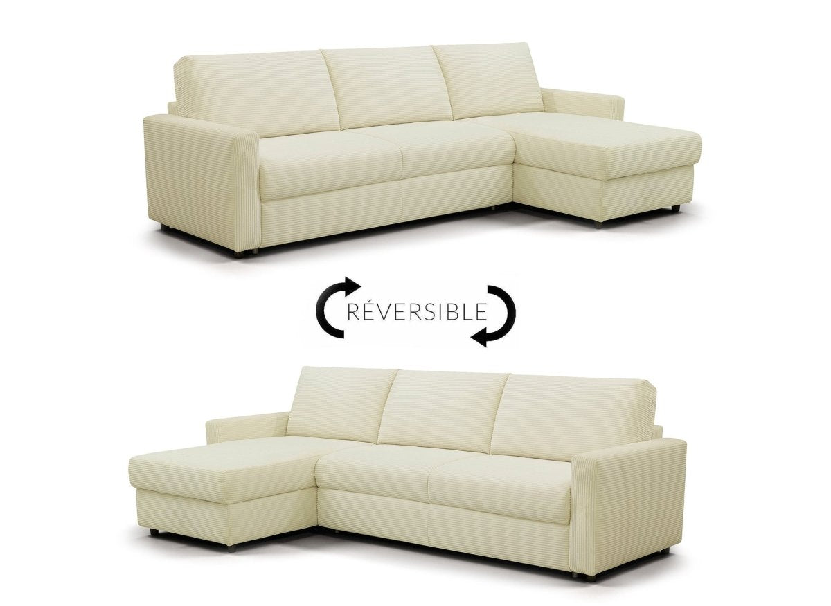 Canapé d'angle convertible et réversible ouverture express en velours côtelé beige JULIETTE