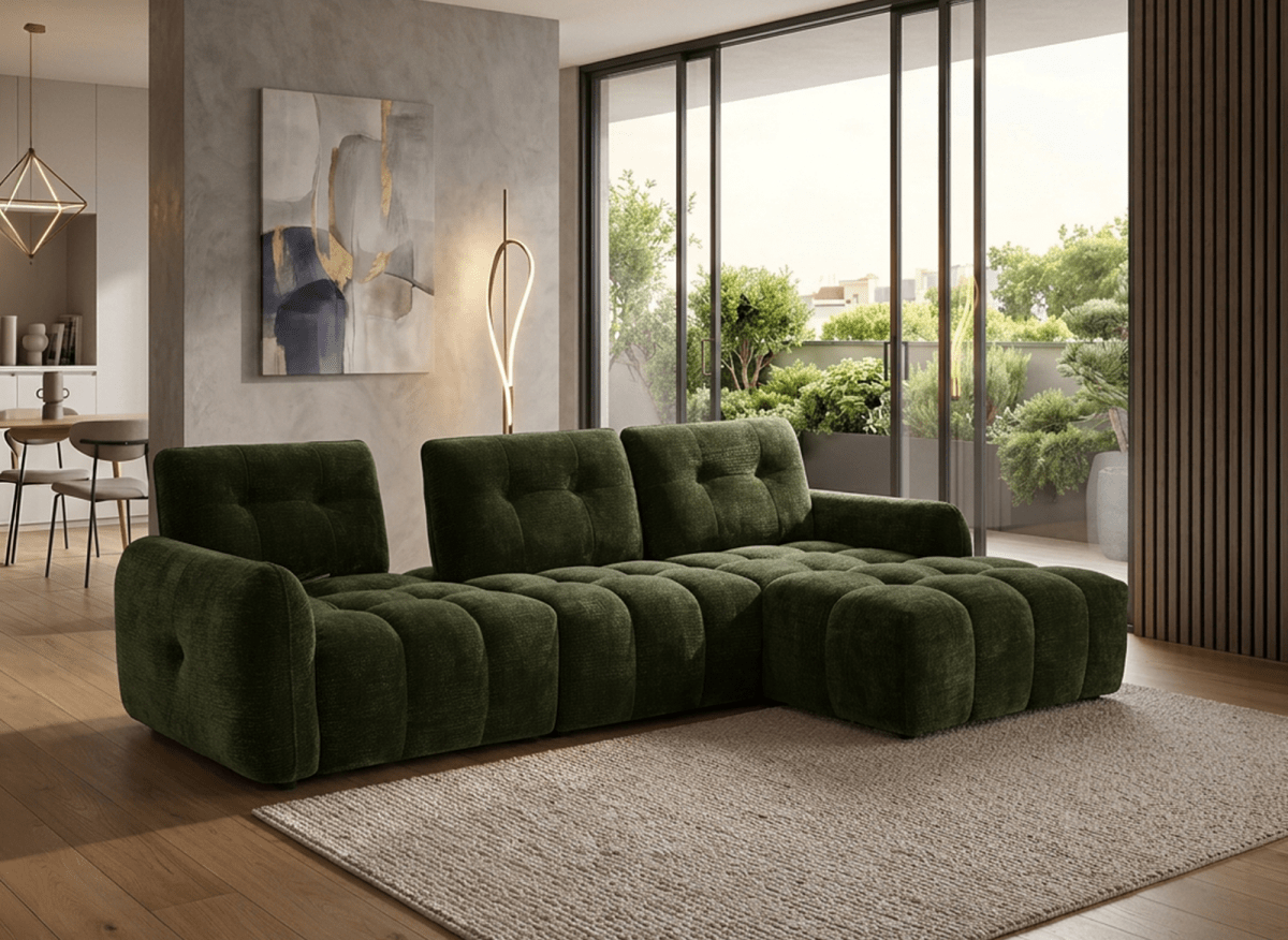Canapé d'angle en velours tissé vert olive avec dossier réglable ADONIS - Angle droit