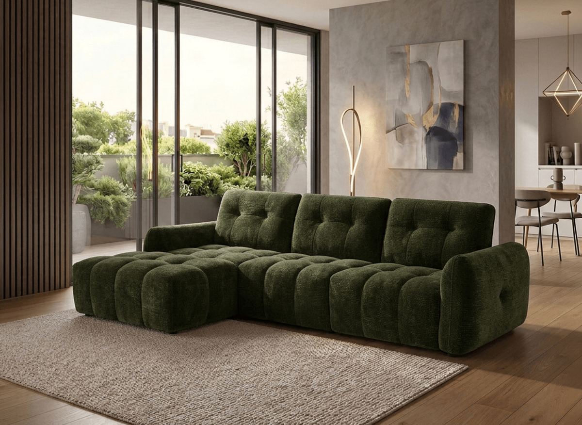 Canapé d'angle en velours tissé vert olive avec dossier réglable ADONIS - Angle gauche
