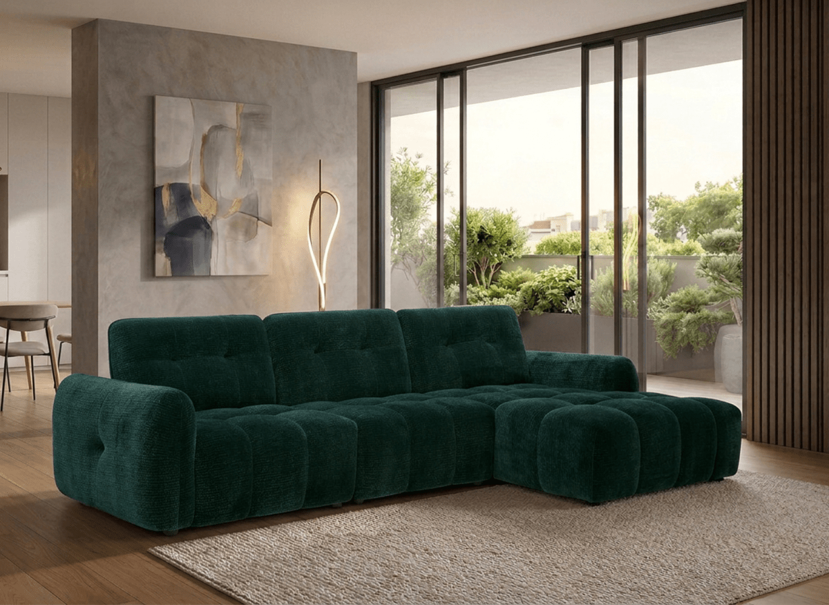 Canapé d'angle en velours tissé vert sapin avec dossier réglable ADONIS - Angle droit