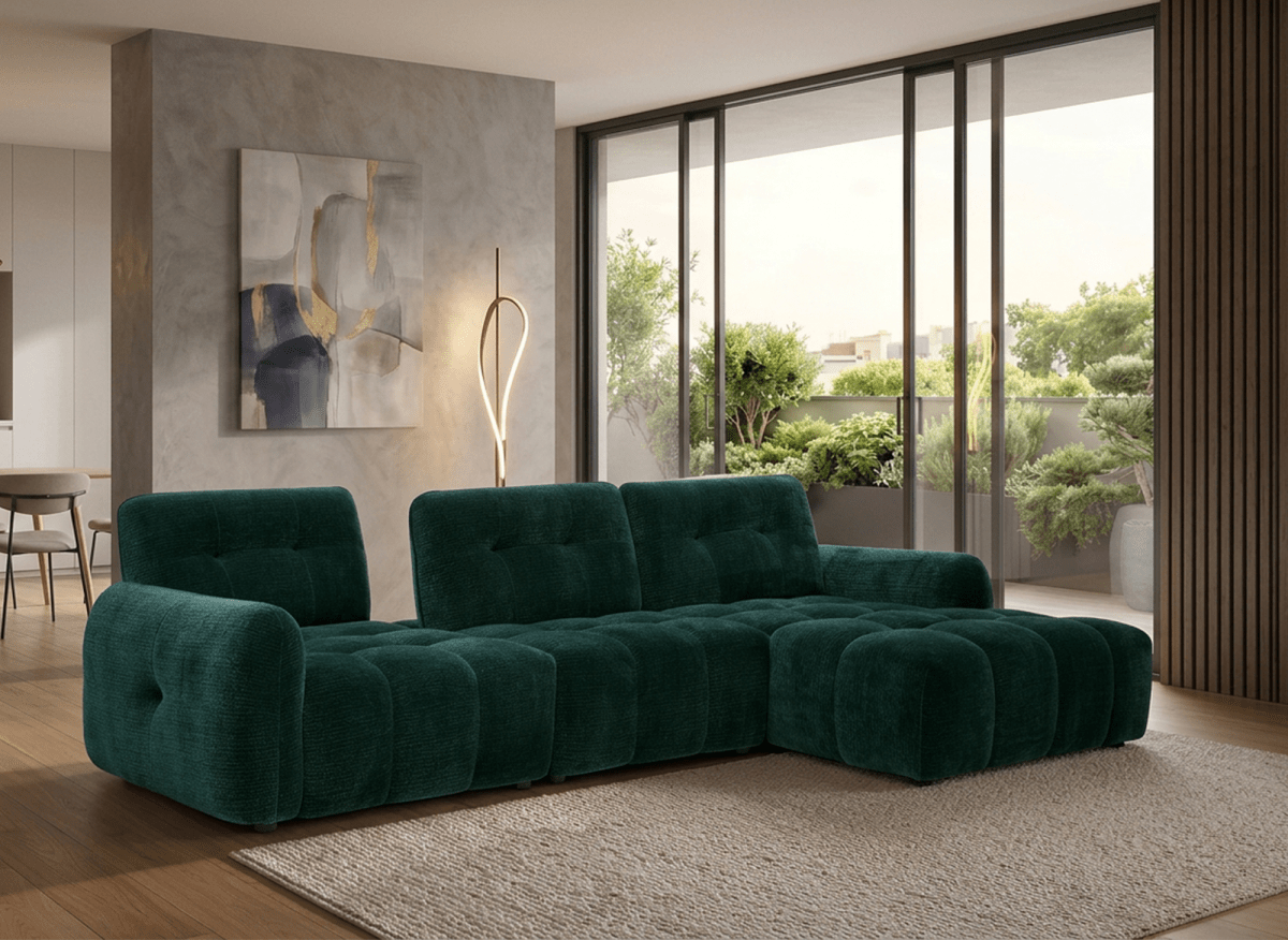Canapé d'angle en velours tissé vert sapin avec dossier réglable ADONIS - Angle droit