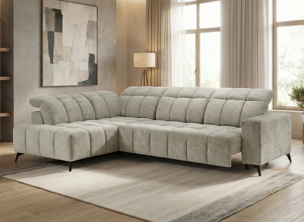 Canapé d'angle relax électrique en velours chiné beige ALVAR - Angle gauche