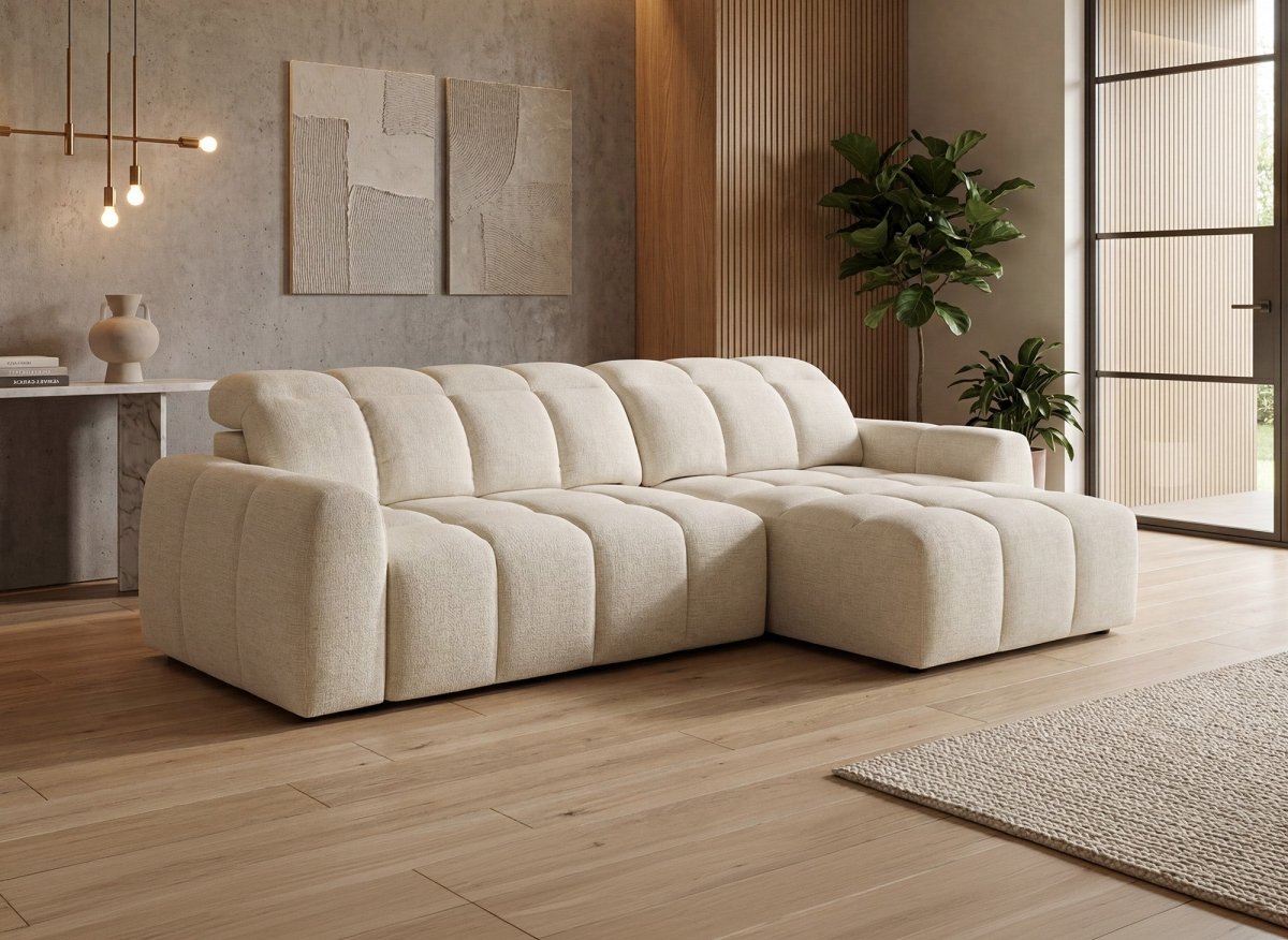 Canapé d'angle relax électrique en velours chiné beige DANIA -Angle droit