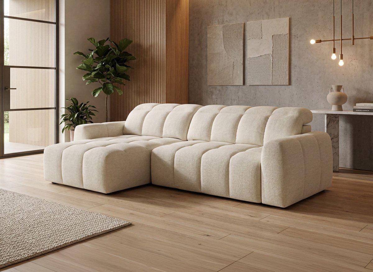Canapé d'angle relax électrique en velours chiné beige DANIA -Angle gauche