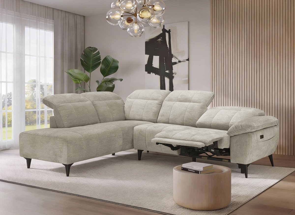 Canapé d'angle relax électrique en velours chiné beige SOLINA - Angle gauche