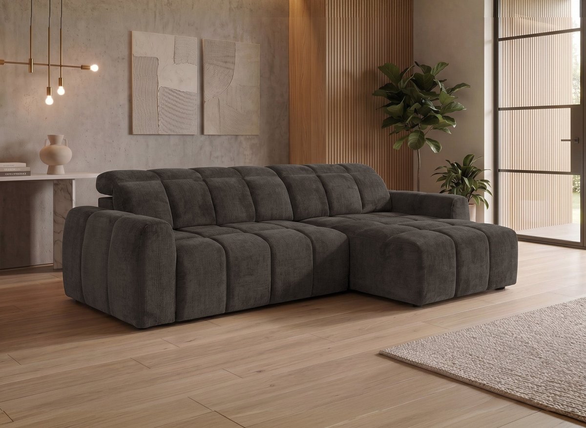 Canapé d'angle relax électrique en velours chiné marron DANIA -Angle droit