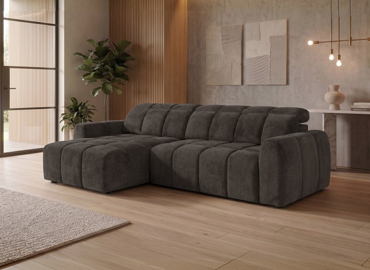 Canapé d'angle relax électrique en velours chiné marron DANIA -Angle gauche