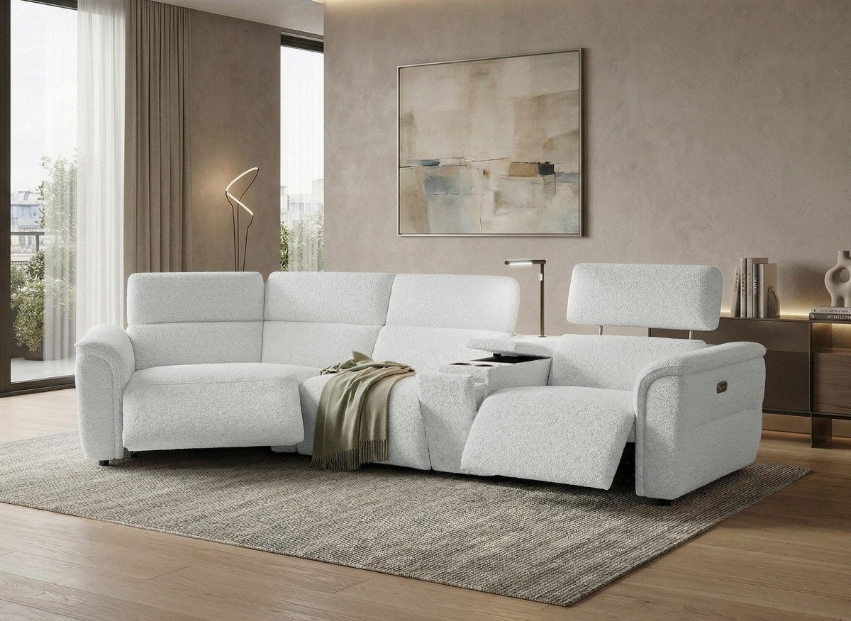 Canapé d'angle relax en tissu bouclette doux beige MARINA - Angle gauche