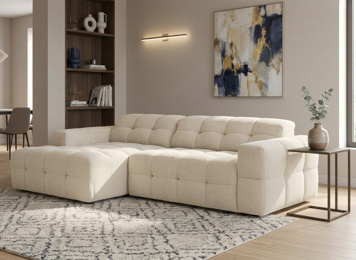 Canapé d'angle relax en velours texturé beige FEDORA - Angle gauche