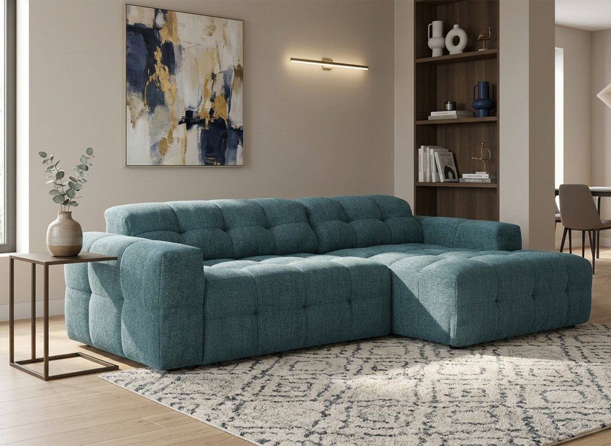 Canapé d'angle relax en velours texturé bleu FEDORA - Angle droit