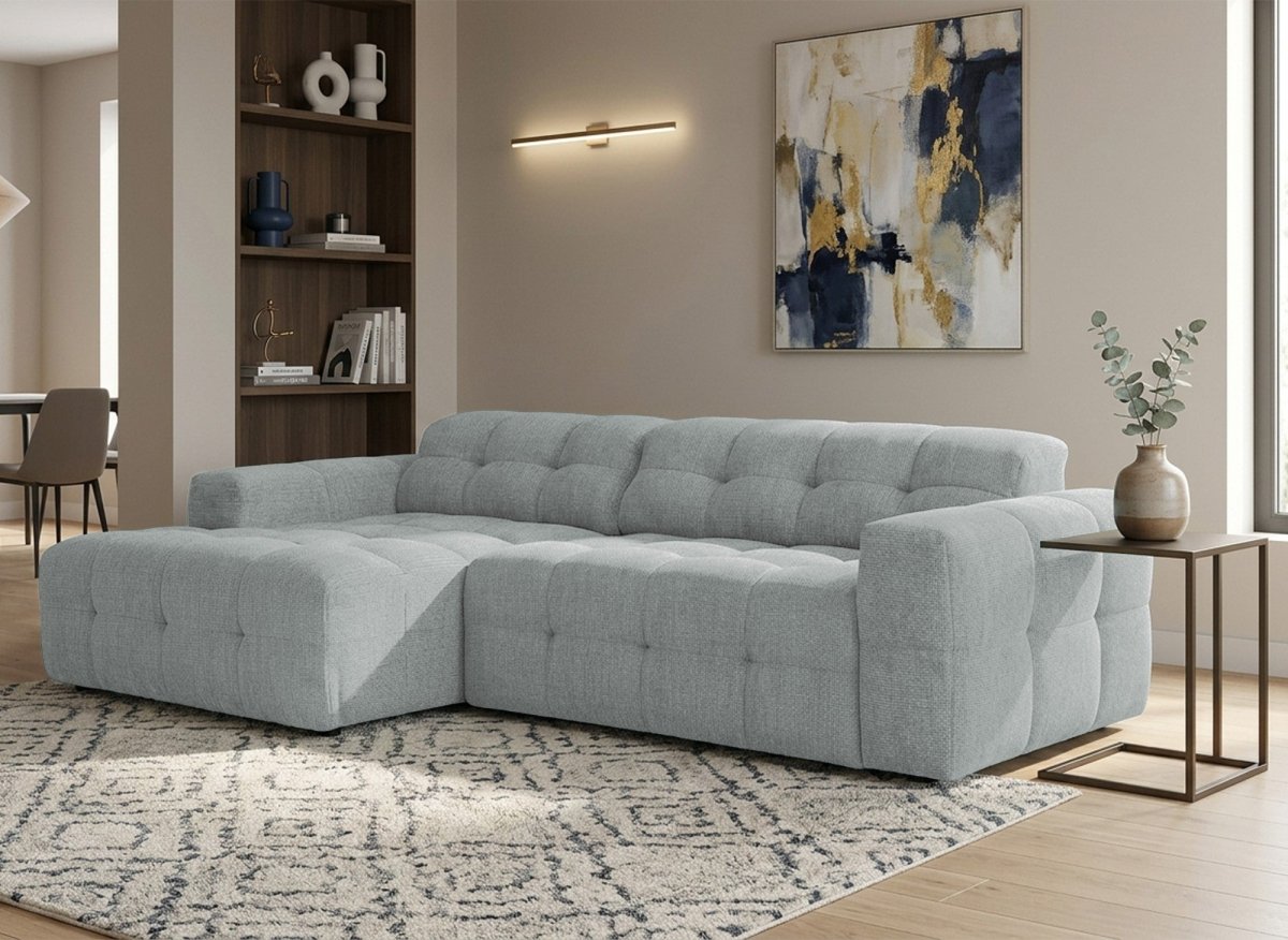 Canapé d'angle relax en velours texturé gris FEDORA - Angle gauche