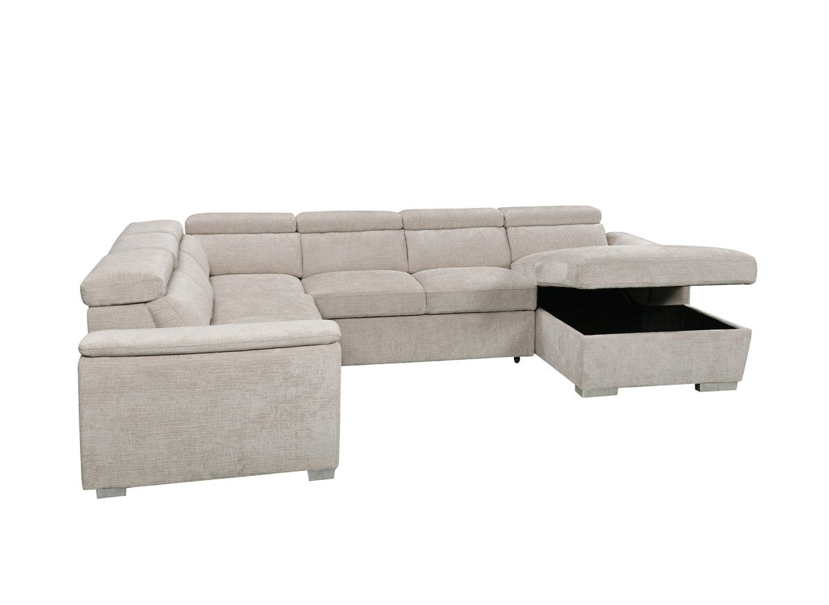 Canapé panoramique convertible avec coffre en velours chiné beige GAELLE - Angle droit
