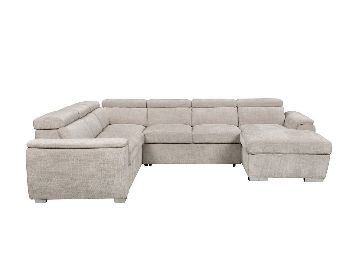 Canapé panoramique convertible avec coffre en velours chiné beige GAELLE - Angle droit