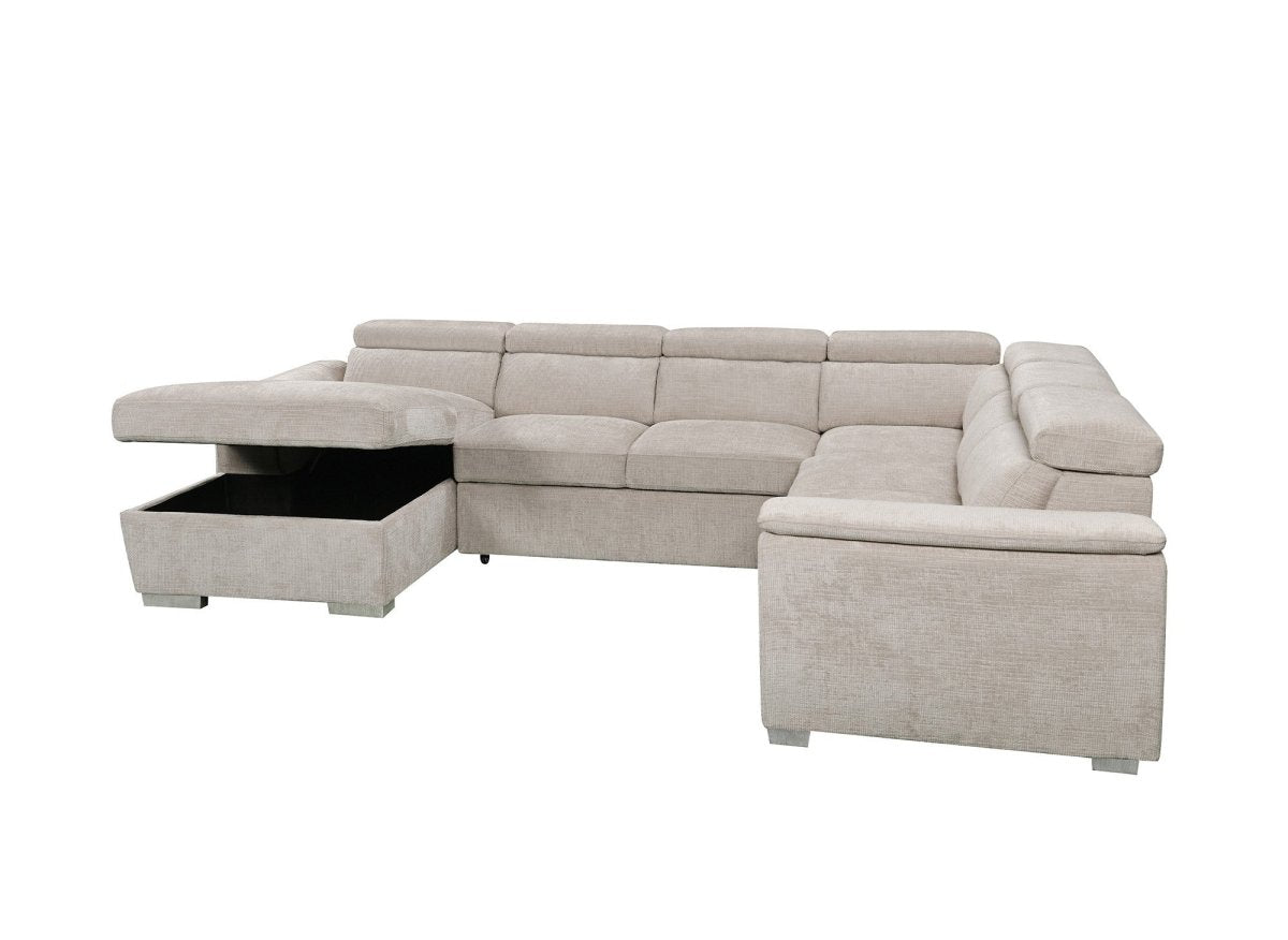Canapé panoramique convertible avec coffre en velours chiné beige GAELLE - Angle gauche