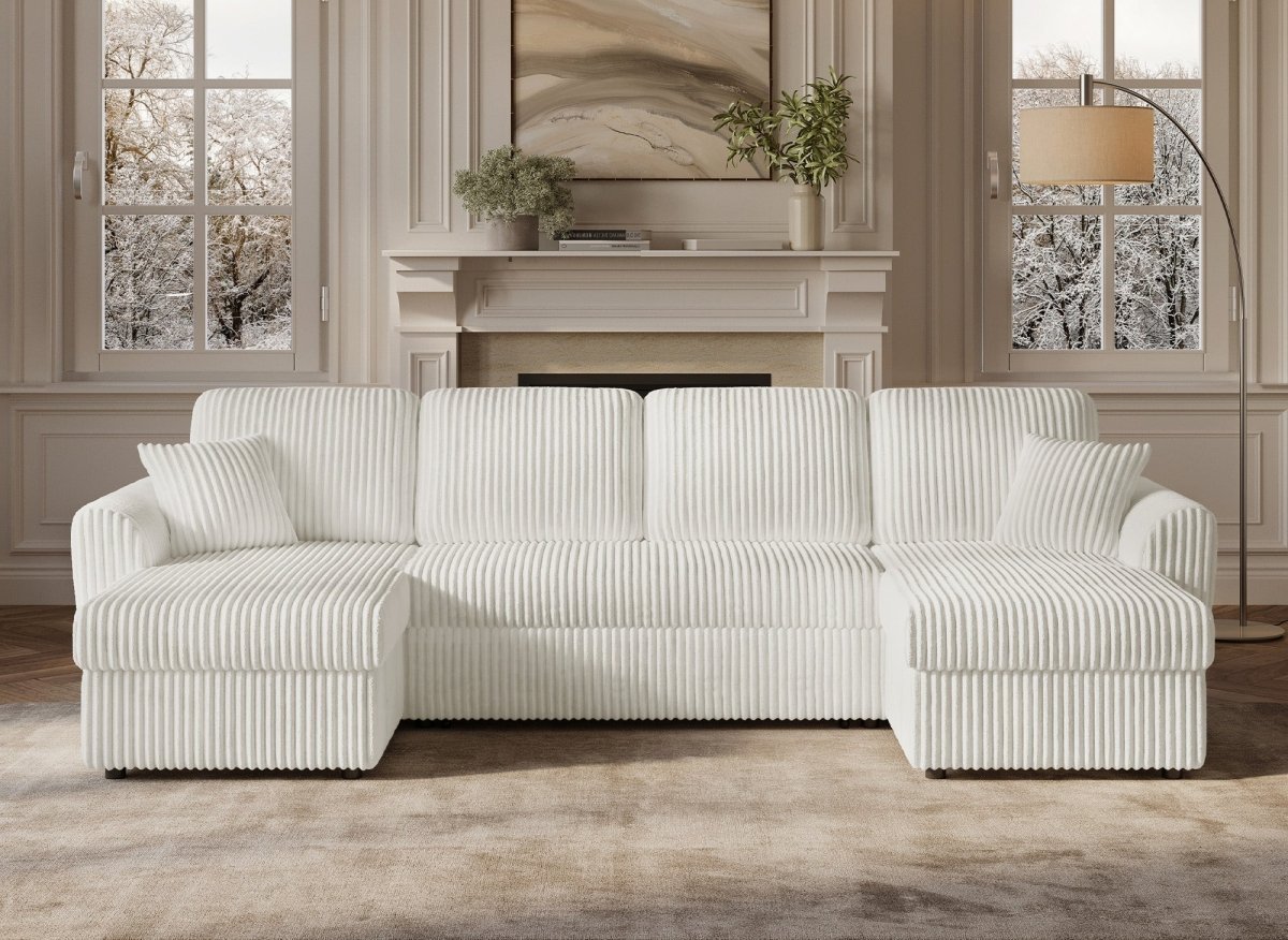 Canapé panoramique convertible avec coffres en velours côtelé épais beige ADRYEN