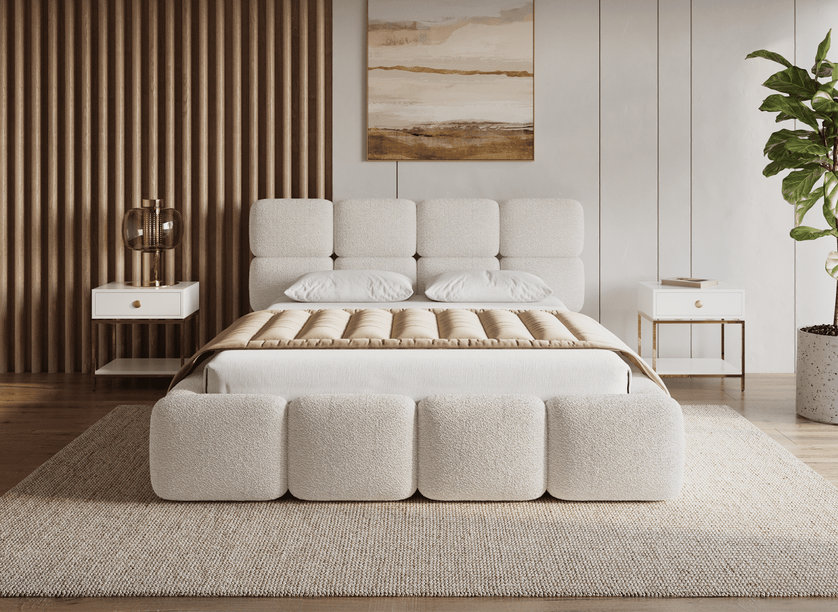 Lit coffre en tissu bouclette beige 140x190 cm BUBBLE