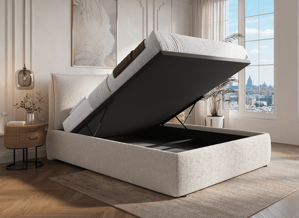 Lit coffre en tissu bouclette beige 140x190 cm MELY