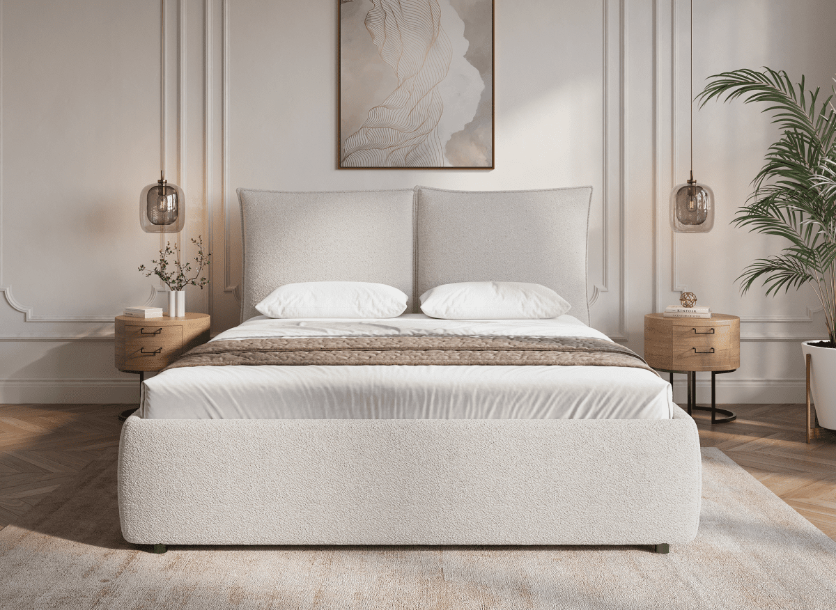 Lit coffre en tissu bouclette beige 140x190 cm MELY