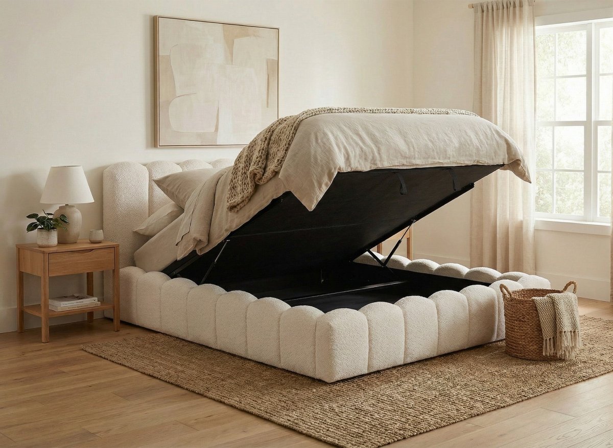 Lit coffre en tissu bouclette beige 160x200 cm RITA