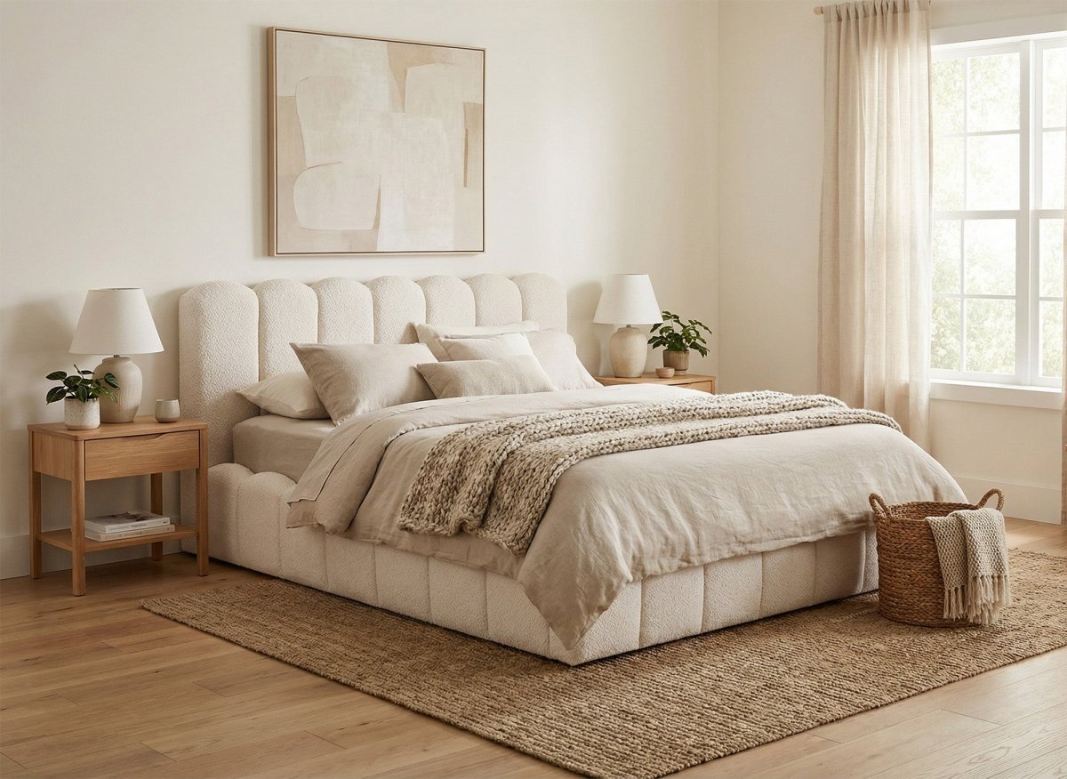 Lit coffre en tissu bouclette beige 180x200 cm RITA