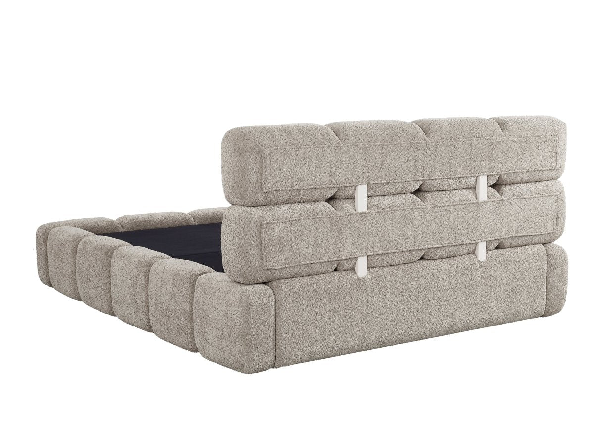 Lit coffre en tissu bouclette taupe 140x190 cm BUBBLE
