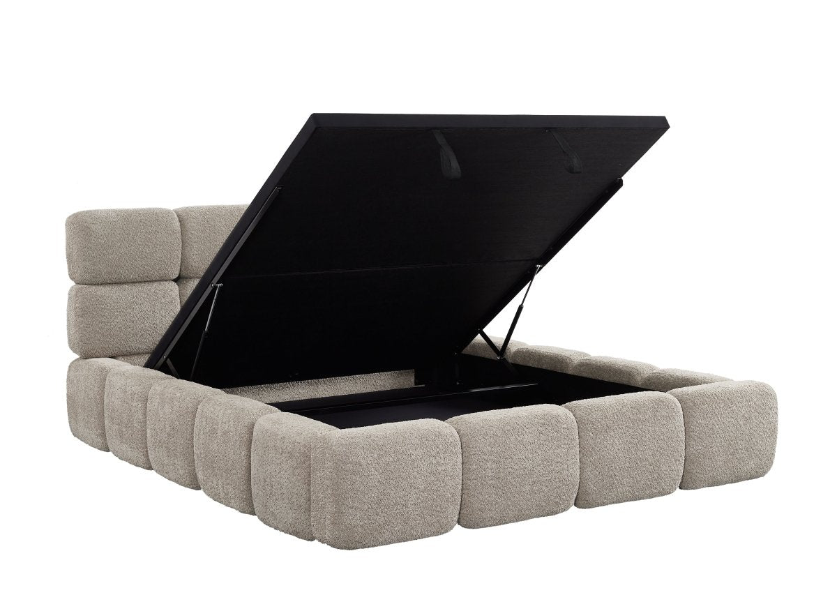 Lit coffre en tissu bouclette taupe 160x200 cm BUBBLE