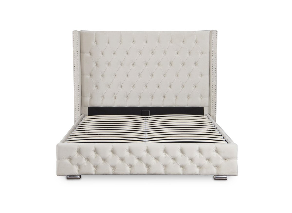 Lit coffre en velours beige 180x200 cm MAXI