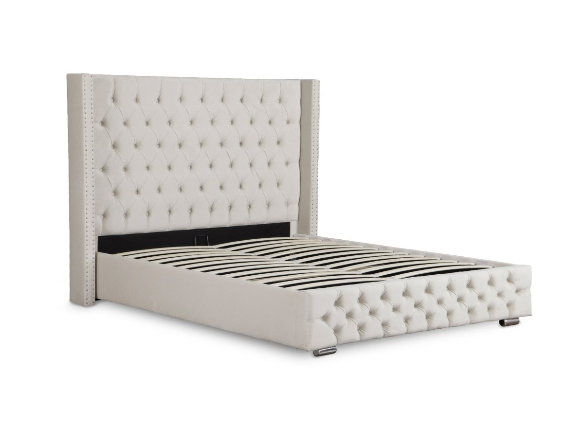 Lit coffre en velours beige 180x200 cm MAXI