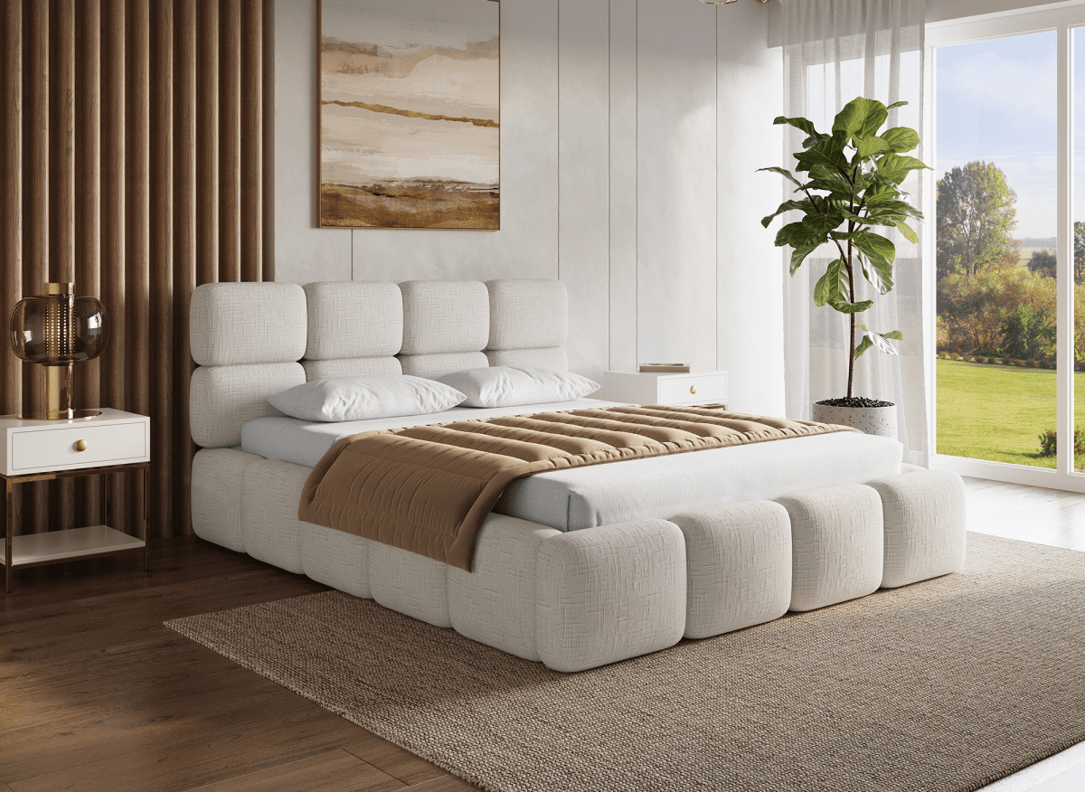 Lit coffre en velours chiné beige 140x190 cm BUBBLE