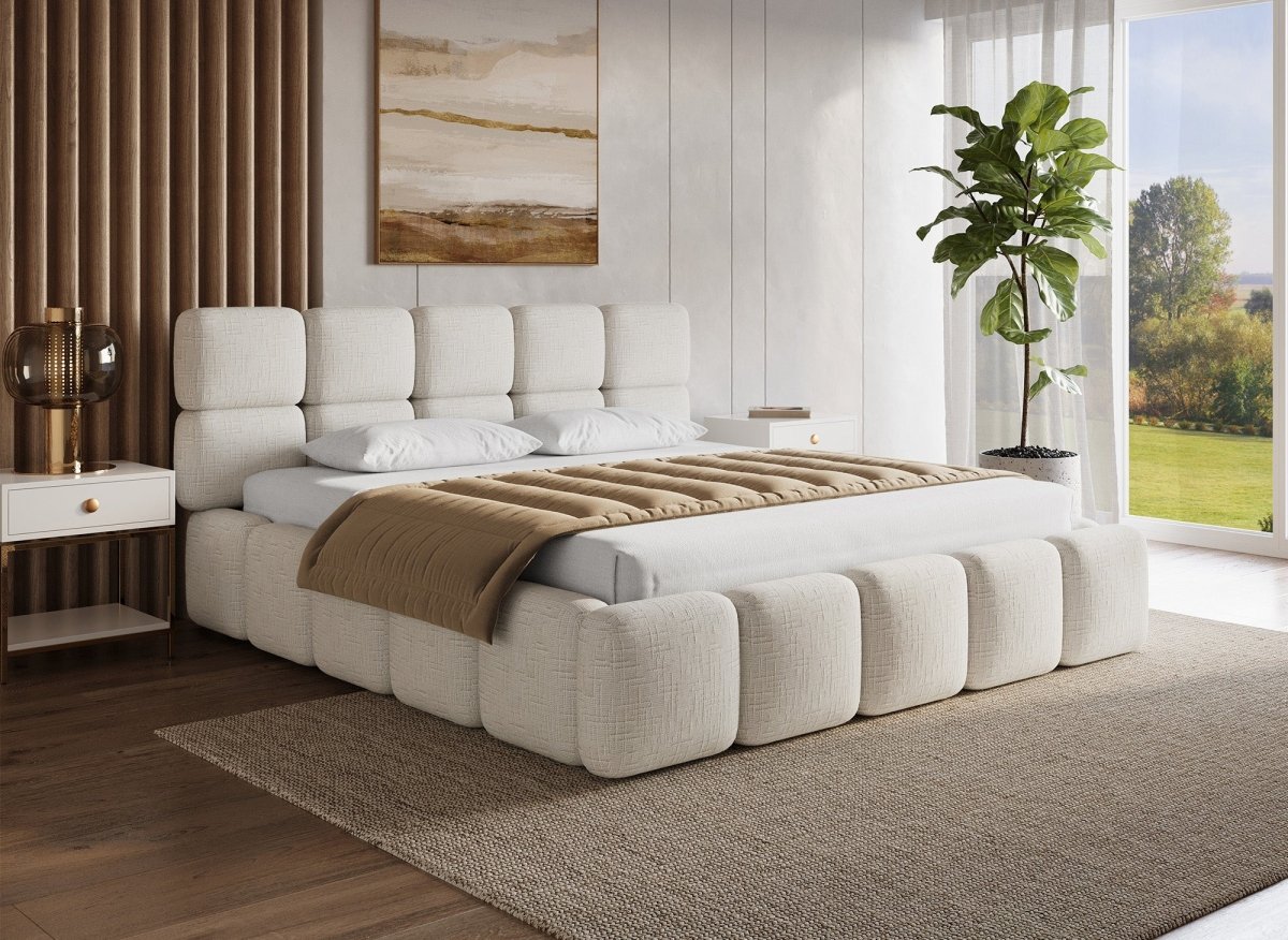 Lit coffre en velours chiné beige 180x200 cm BUBBLE
