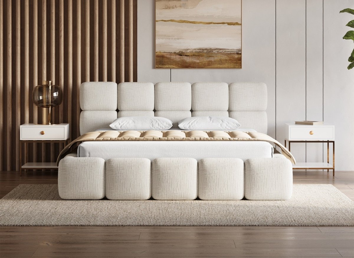 Lit coffre en velours chiné beige 180x200 cm BUBBLE