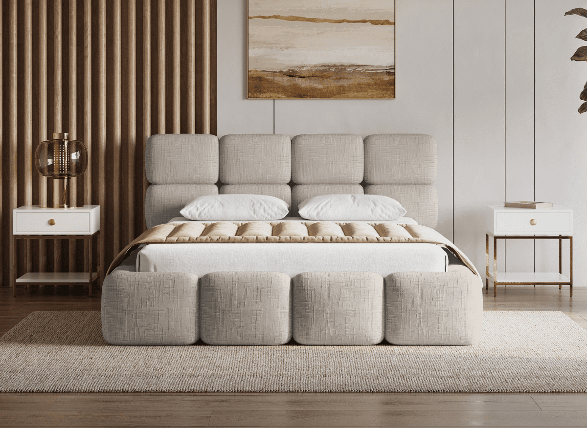 Lit coffre en velours chiné taupe 140x190 cm BUBBLE