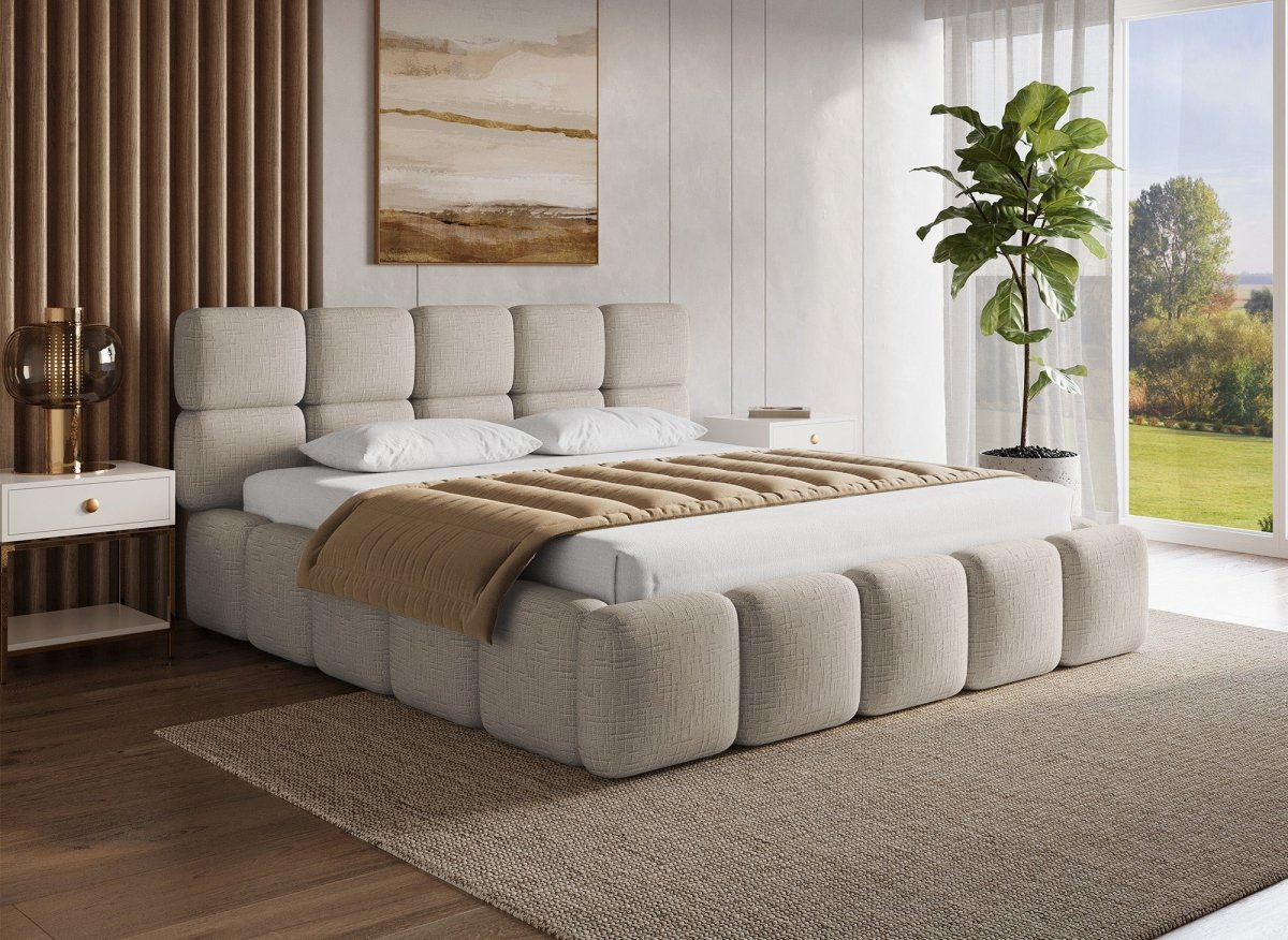 Lit coffre en velours chiné taupe 180x200 cm BUBBLE