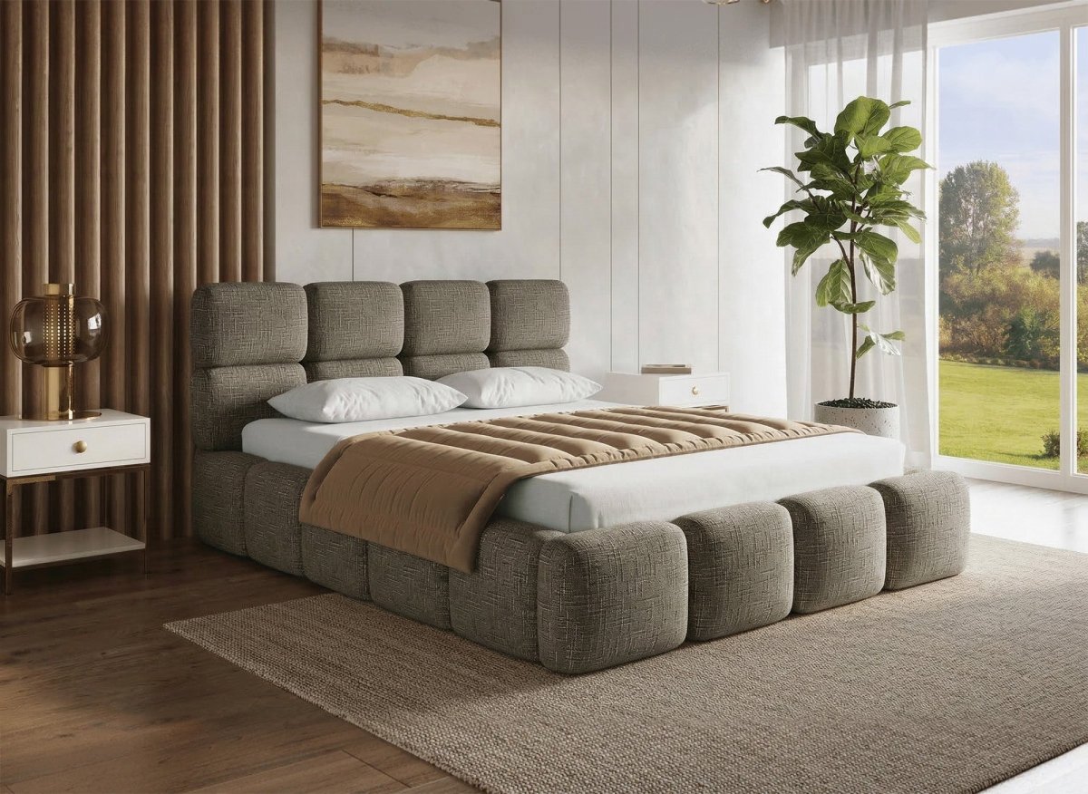 Lit coffre en velours chiné vert olive 160x200 cm BUBBLE