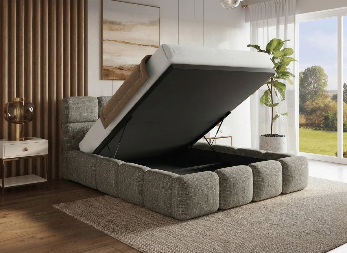 Lit coffre en velours chiné vert olive 140x190 cm BUBBLE