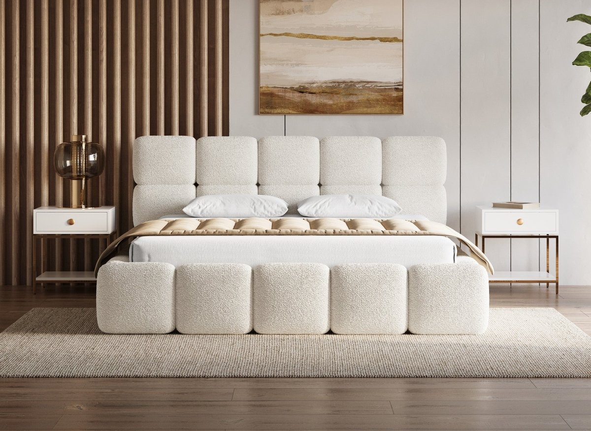 Lit coffre tissu bouclette beige 180x200 cm BUBBLE