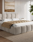 Lit coffre tissu bouclette taupe 180x200 cm BUBBLE