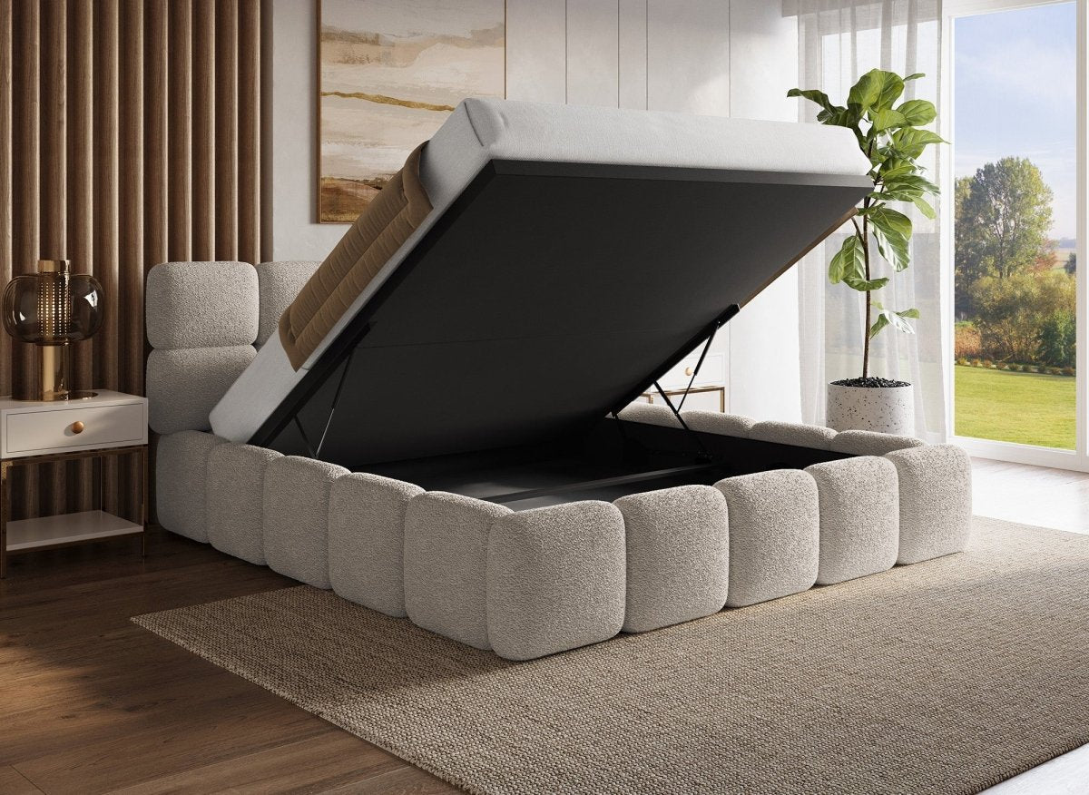 Lit coffre tissu bouclette taupe 180x200 cm BUBBLE