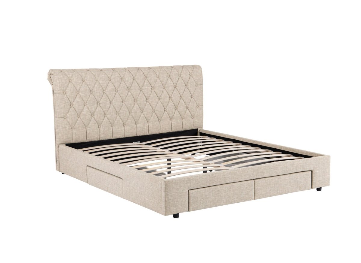 Lit double avec 4 tiroirs en lin beige 140x190 cm LEANDRE