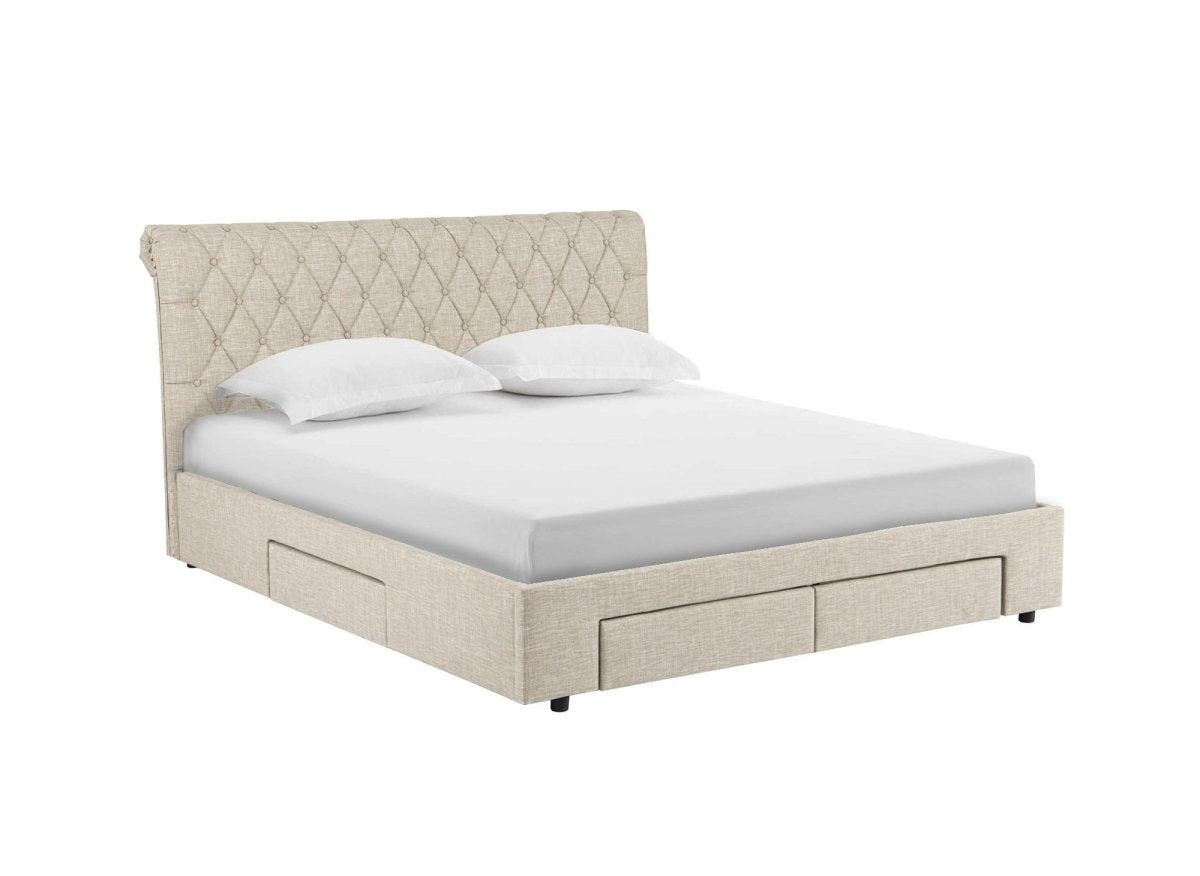 Lit double avec 4 tiroirs en lin beige 140x190 cm LEANDRE