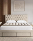 Lit double avec 4 tiroirs en lin beige 140x190 cm LEANDRE