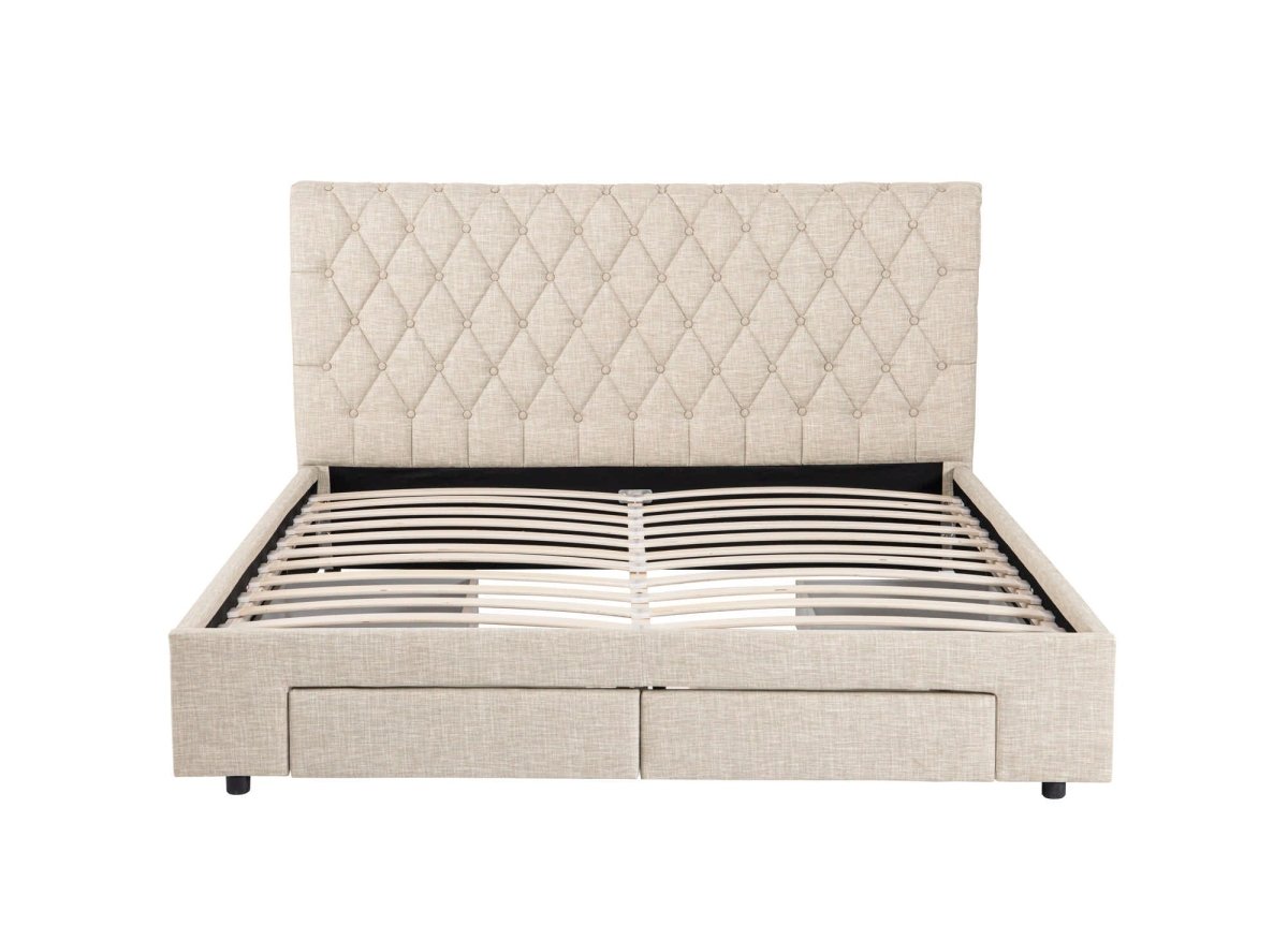 Lit double avec 4 tiroirs en lin beige 140x190 cm LEANDRE
